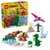 Colorful LEGO® Classic Creative Dinosaurs construction set featuring various dinosaur figures, a volcano, and a palm tree.